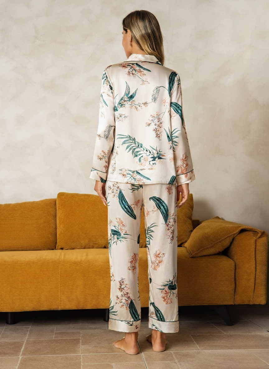 Ontspannen pyjamasset met lange mouwen en botanische print van zuivere moerbeizijde - 16 momme