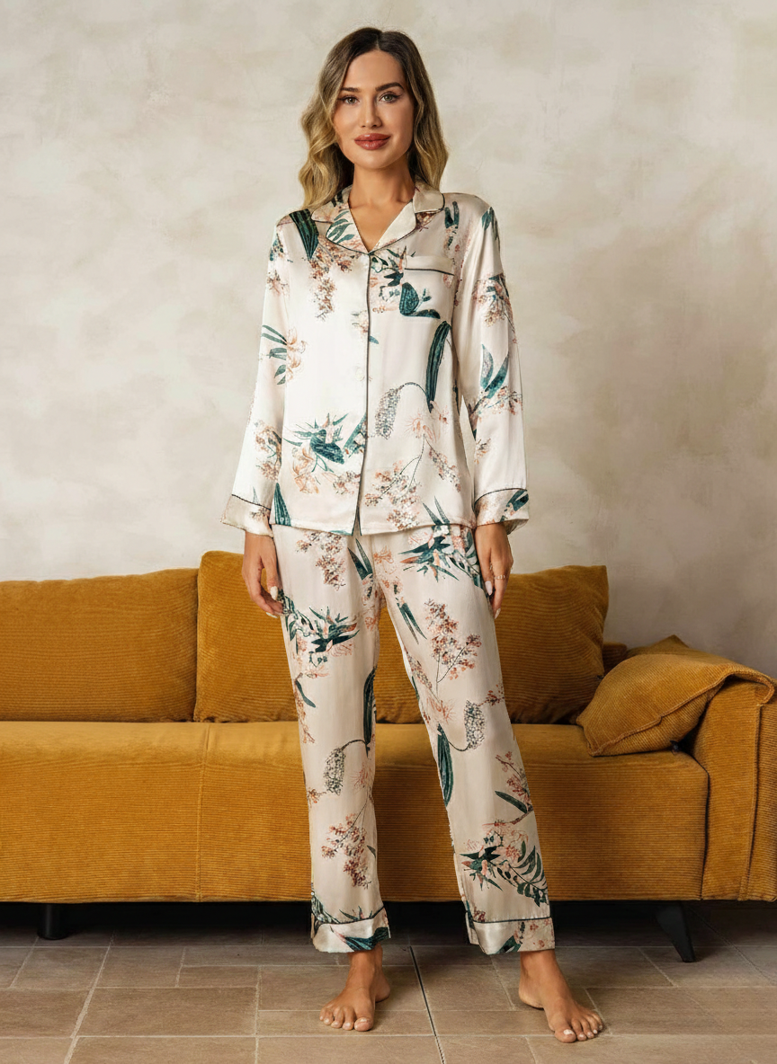 Ontspannen pyjamasset met lange mouwen en botanische print van zuivere moerbeizijde - 16 momme