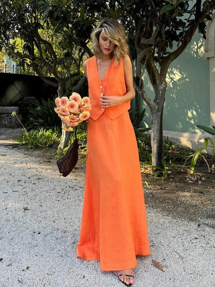 Halle Linnen Set | Mouwloze Blazer & Lange Rok