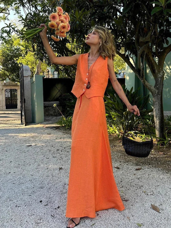 Halle Linnen Set | Mouwloze Blazer & Lange Rok