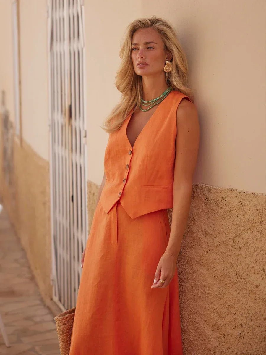 Halle Linnen Set | Mouwloze Blazer & Lange Rok