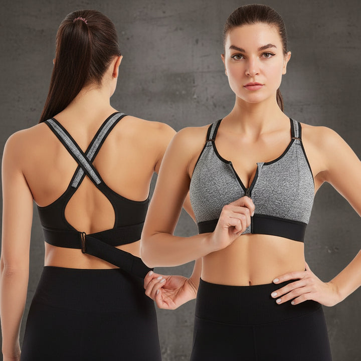 Veloria sportbh grijs met rits aan de voorkant en gestructureerde cup, gekruiste zwarte bandjes zichtbaar, polyester, MONEROSE

Veloria sportbh grijs met gekruiste bandjes en verstelbare sluiting aan de achterkant, open rugontwerp, polyester, MONEROSE